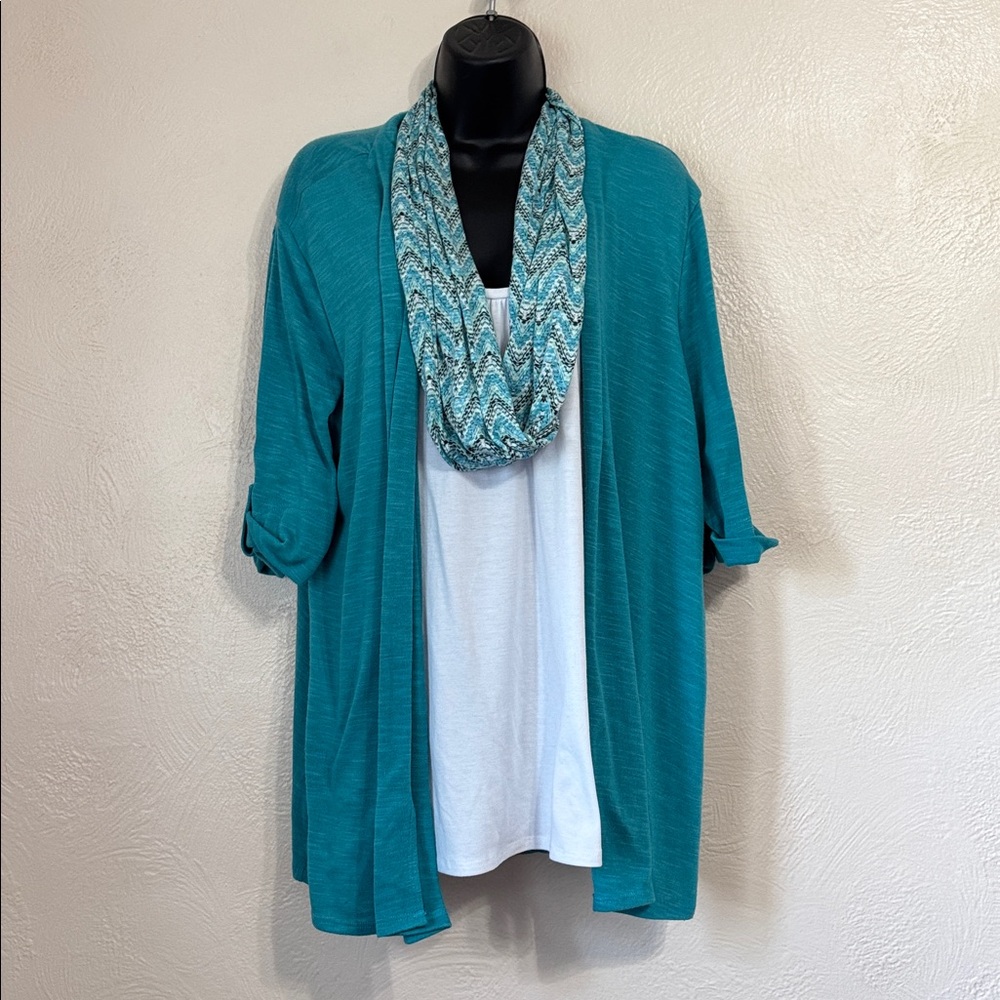 Elegant Teal Open-Front Blouse with White Layer 0100